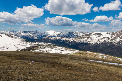 Scenic view of snowcapped mountains against sky