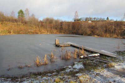 A garden pond and natural landscape with water in winter