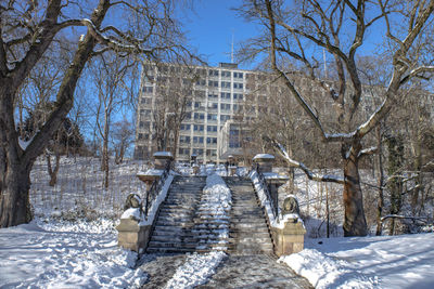Snow covered bare trees and buildings against sky