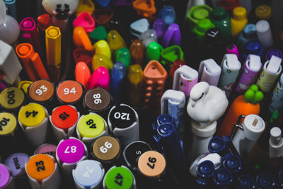 High angle view of various buttons for sale