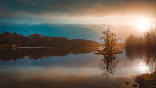 Reflection of trees in lake against sky during sunset