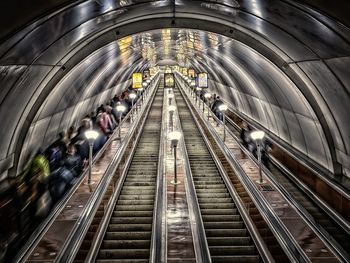 High angle view of illuminated escalator