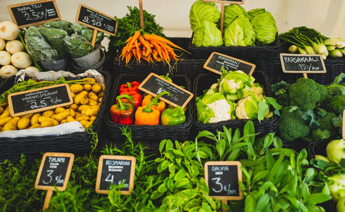 High angle view of vegetables for sale at market stall