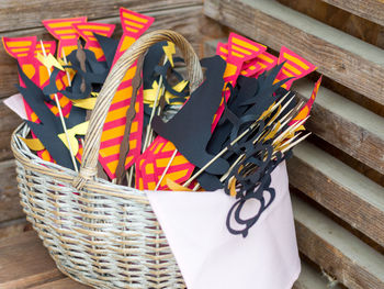 High angle view of wicker basket on table