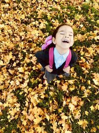 High angle view of girl with autumn leaves