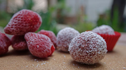 Close-up of strawberries on table