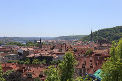 High angle view of townscape against clear sky