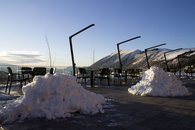 Snow covered landscape against clear sky