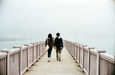 Rear view of friends on railing by sea against sky