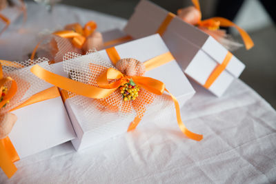 High angle view of boxes on table