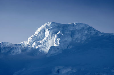 Scenic view of snowcapped mountains against clear blue sky