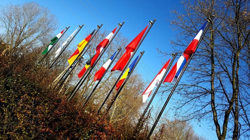 Low angle view of flags against clear sky