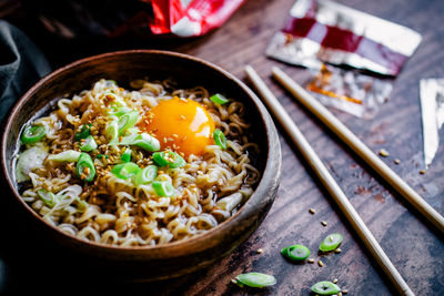 Close-up of bowl with upgraded instant ramen soup