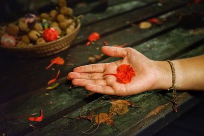Cropped image of woman holding petal on wooden table