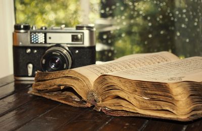 Close-up of old book on table