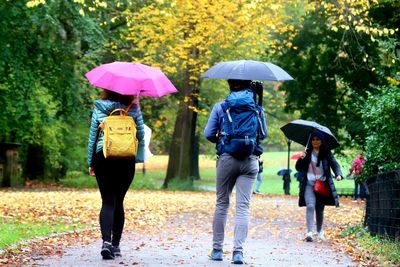 Rear view of women walking on wet road during rainy season