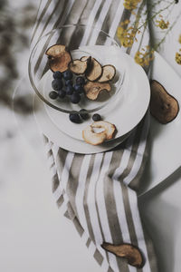 High angle view of cake in plate on table