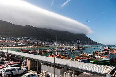 High angle view of cityscape by sea against sky