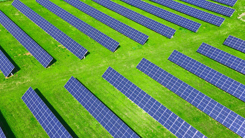 Solar panels in green field, aerial view