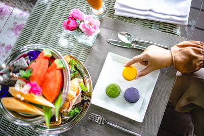 High angle view of food served on table