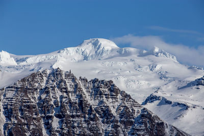 Two snowscapped mountains summits in front of each other