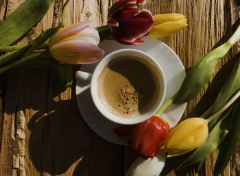 Close-up of tulips in plate on table