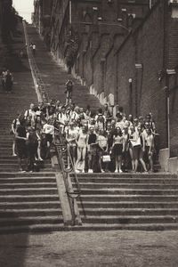 High angle view of people walking on street