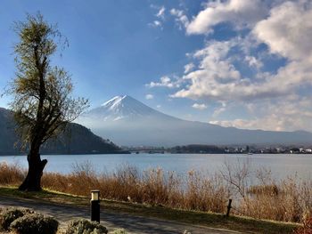 Scenic view of lake by mountains against sky