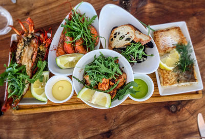 High angle view of food served on table