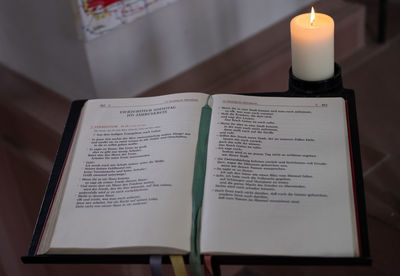 High angle view of open book on table