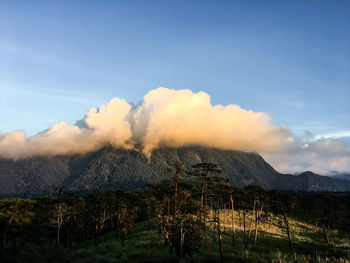 Smoke emitting from volcanic mountain against sky