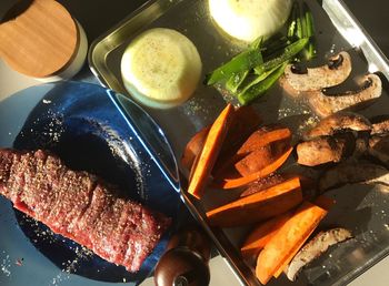 High angle view of food in cooking pan