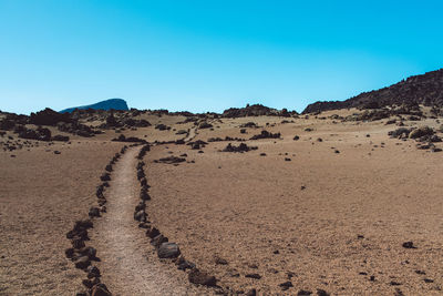 Scenic view of desert against clear blue sky