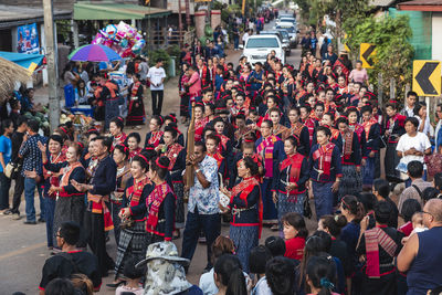 High angle view of people on street in city