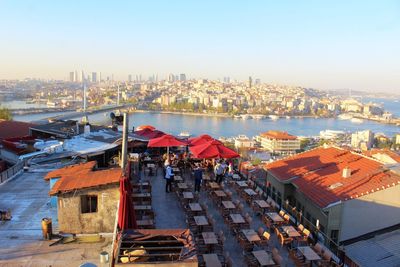 High angle view of buildings in city