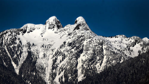 Low angle view of snowcapped mountains against clear blue sky