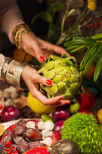 High angle view of woman hand