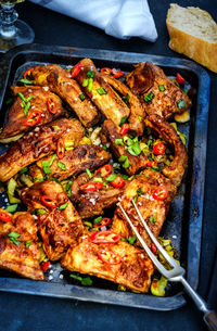 Directly above shot of meat on barbecue grill