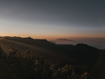 Scenic view of silhouette mountains against sky during sunset