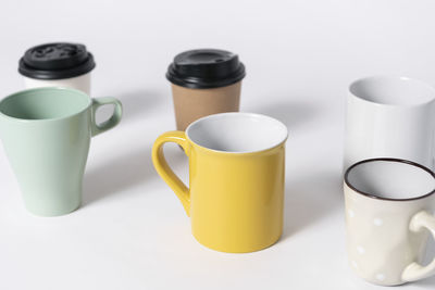 High angle view of coffee cup on table