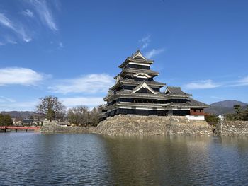 Traditional building by lake against sky