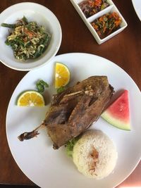 High angle view of food served in plate