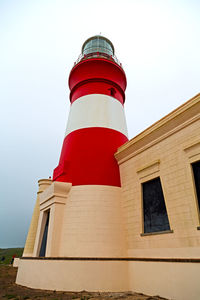 Low angle view of lighthouse against building against sky