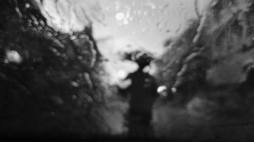 Defocused image of woman walking on wet tree