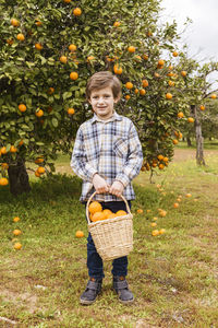 Full length of happy man standing in basket