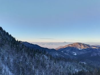 Scenic view of snowcapped mountains against sky during sunset