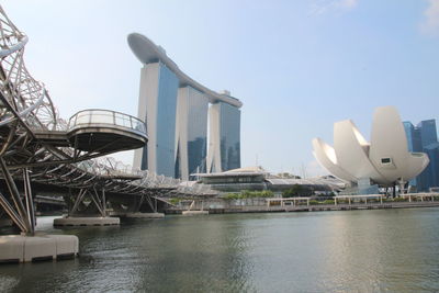 Bridge over river with city in background