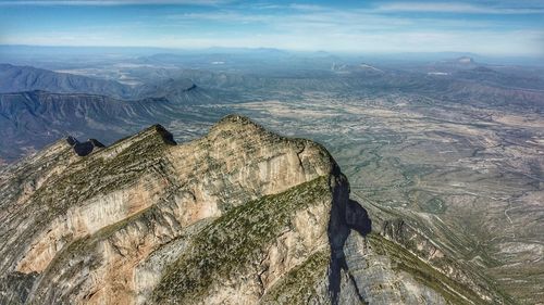 High angle view of mountain range against sky