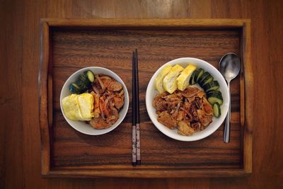 Directly above shot of meal served on table