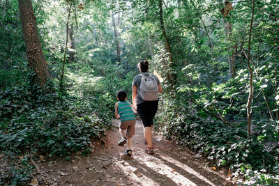 Rear view of mother and son walking in forest on sunny day